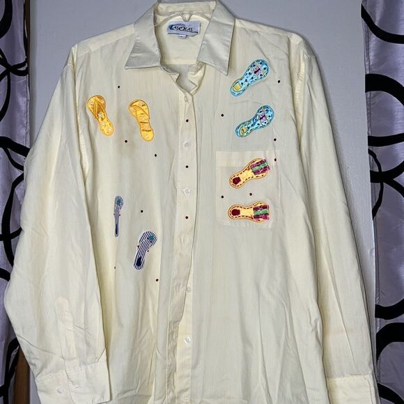 90s vintage Las Olas Sequin Embroidered flip-flop button-down long sleeve shirt - Picture 6 of 10